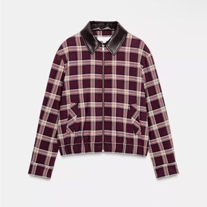 NWT Zara Burgundy Plaid Bomber Jacket with Brown Faux Leather Collar